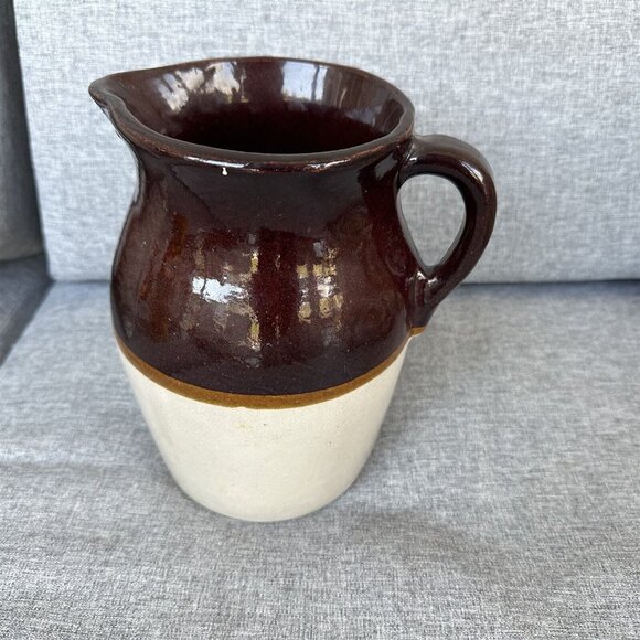 Unbranded Other - Vintage Pitcher Jug Brown and Tan Stoneware Crock Farmhouse Milk Water
